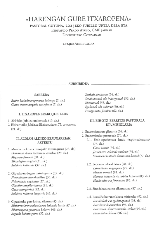 Monsinore Fernando Pradoren Gutun Pastoral berriaren aurkezpena: “Harengan gure itxaropena”