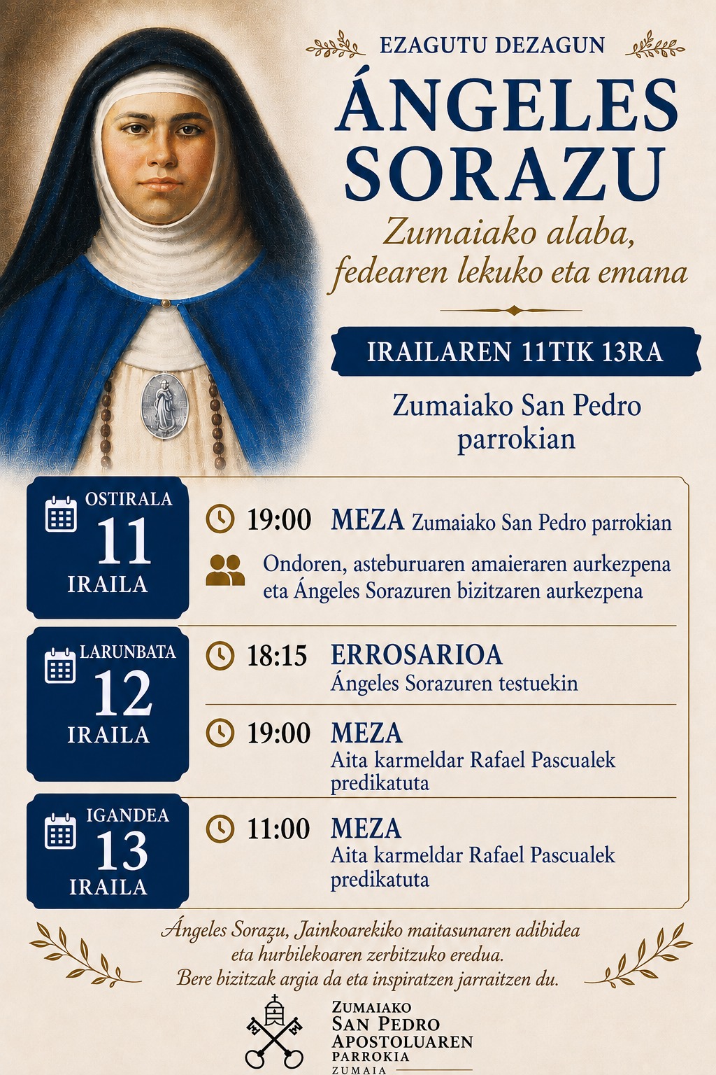 Angeles Sorazu, Zumaiako alaba, fedearen lekuko eta emana